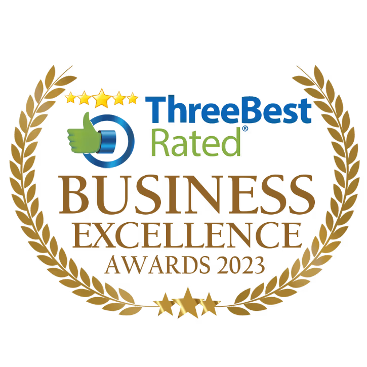 ThreeBest Rated Business Excellence Awards 2023 logo with gold laurel wreath and stars.