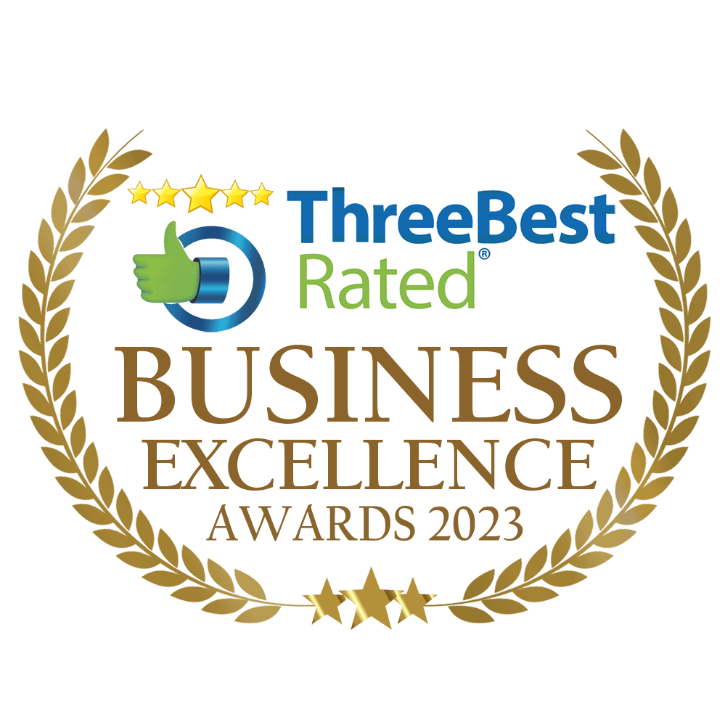 ThreeBest Rated Business Excellence Awards 2023 logo with gold laurel wreath and stars.