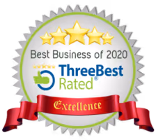 Silver badge with five gold stars and red ribbon, labeled Best Business of 2020 by ThreeBest Rated Excellence.
