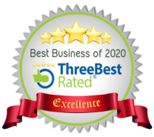Silver badge with five gold stars and red ribbon, labeled Best Business of 2020 by ThreeBest Rated Excellence.