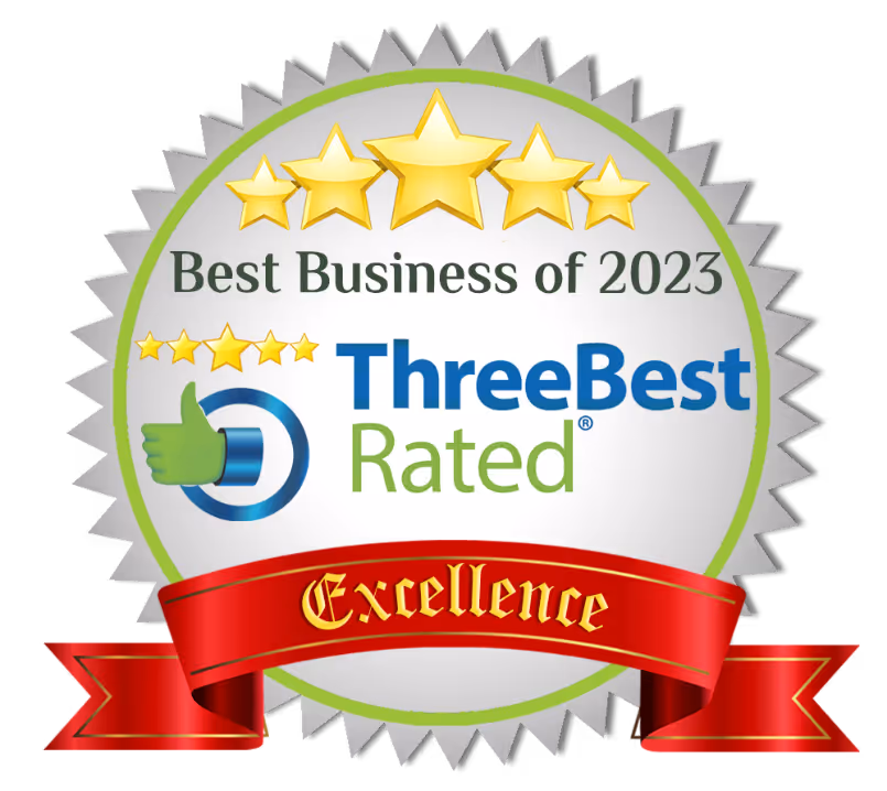 Seal badge with gold stars, text Best Business of 2023, ThreeBest Rated logo, and red ribbon with Excellence.