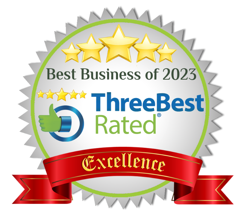 Seal badge with gold stars, text Best Business of 2023, ThreeBest Rated logo, and red ribbon with Excellence.