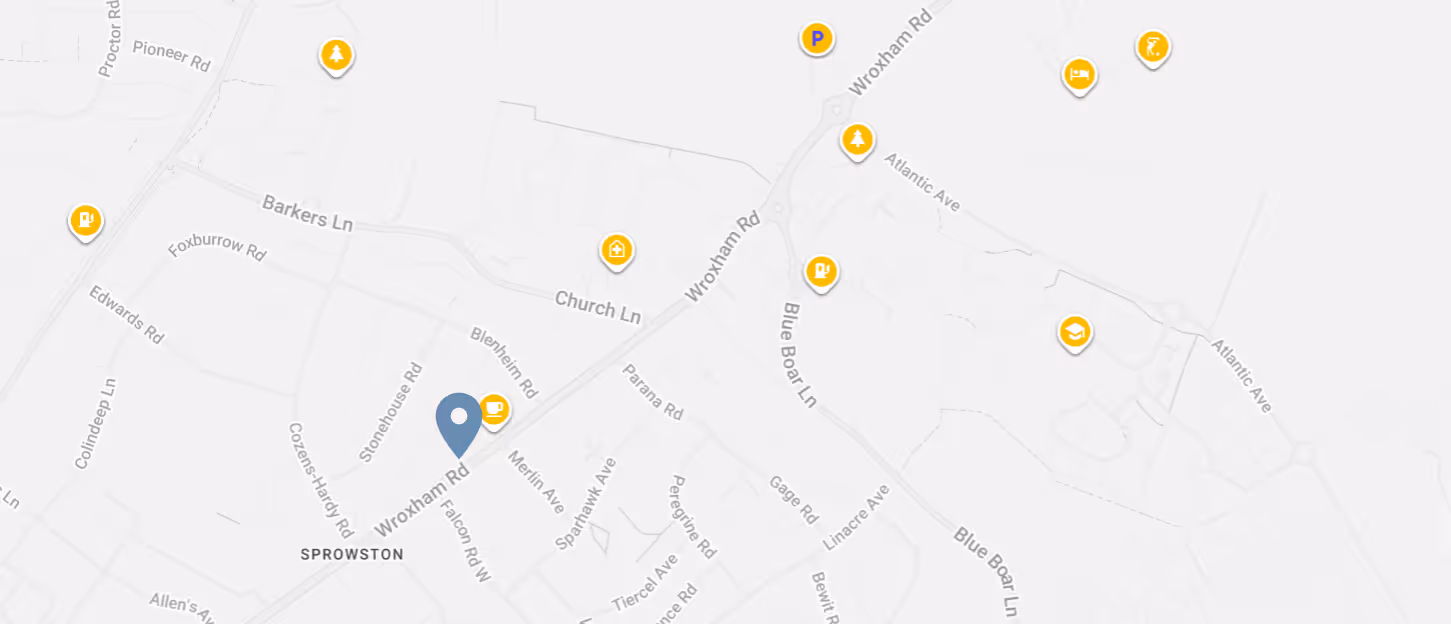 Map showing Sprowston area with markers for parking, gas stations, dining, accommodation, nature, education, and shopping along roads including Wroxham Rd and Blue Boar Ln.