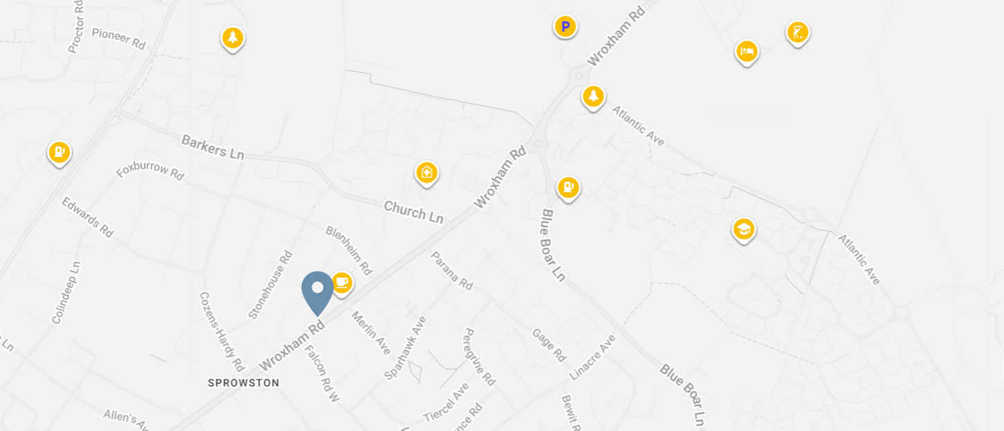 Map showing Sprowston area with markers for parking, gas stations, dining, accommodation, nature, education, and shopping along roads including Wroxham Rd and Blue Boar Ln.