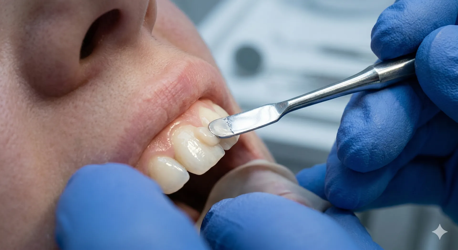 Close-up of a dental professional with blue gloves applying dental composite material to a patient's tooth using a metal spatula.