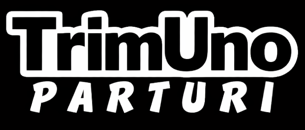 TrimUno Parturi logo with bold white text on a black background.