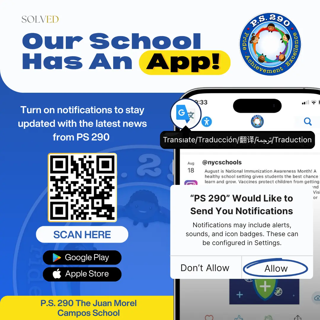 PS 290 school app flyer with QR code and download links