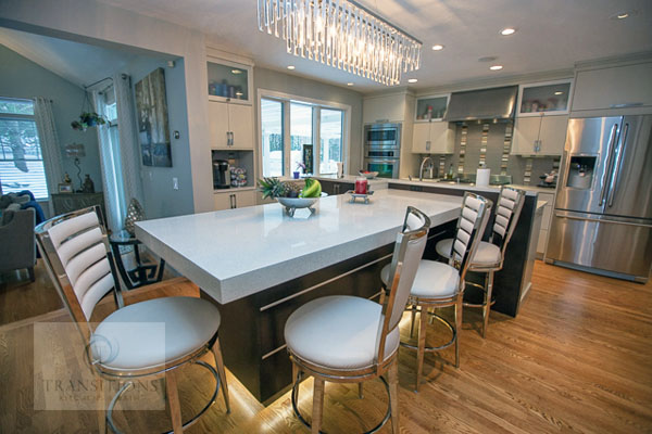 Contemporary kitchen design with T-shaped island.