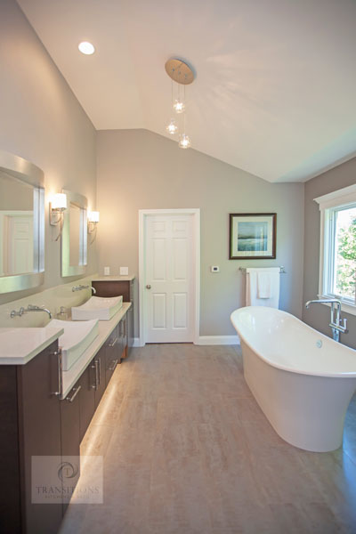 Bath design with freestanding tub and large shower.