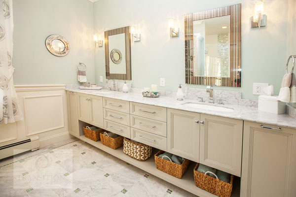 Crushed glass accent detail in the Scituate coastal modern primary bath