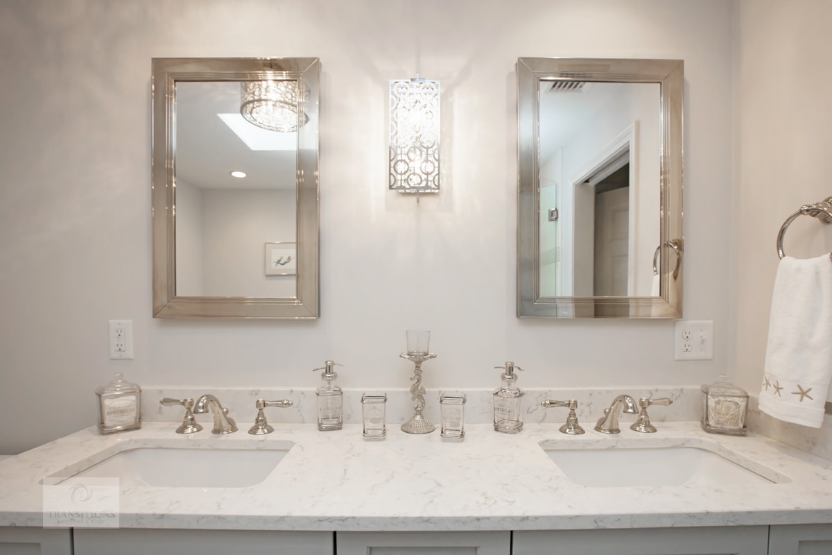 Gray Tedd Wood Luxury Line vanity with framed Robern mirrors in the Hanover primary bath