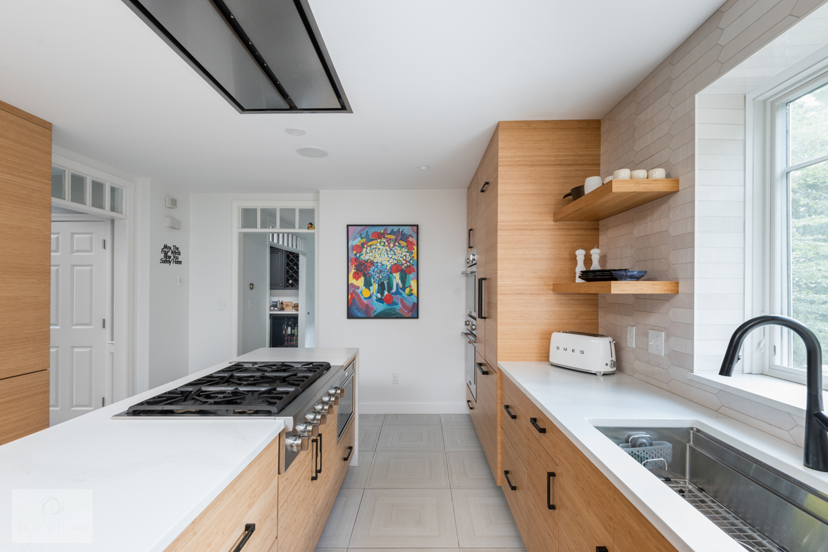 Hanover kitchen view showing the U-shaped layout and open display shelving