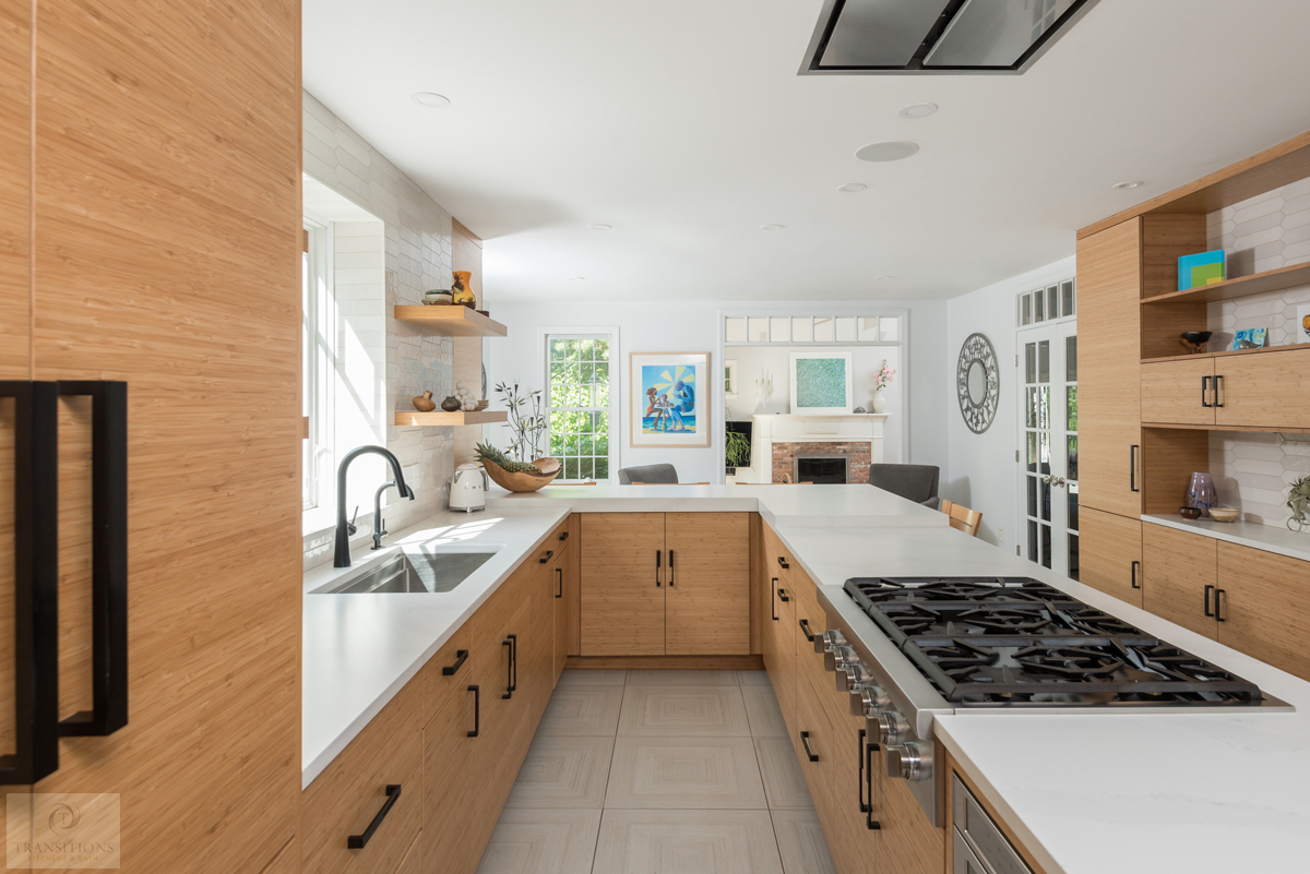 Open display shelves between wall cabinets in the Hanover kitchen
