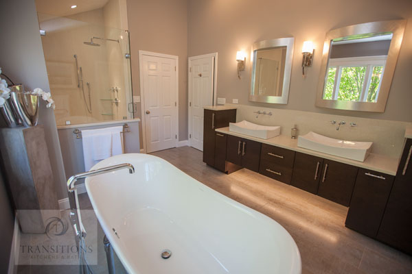 Cherry espresso vanity detail in the contemporary Marshfield bathroom