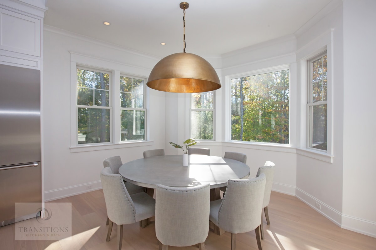 Wide view of the modern Norwell kitchen with island and perimeter