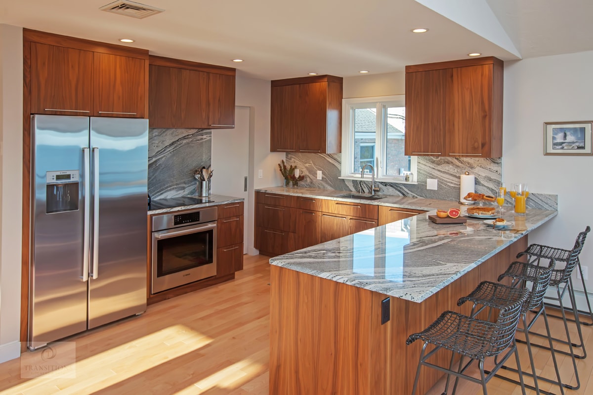 Peninsula and beverage station detail in the coastal contemporary Scituate kitchen