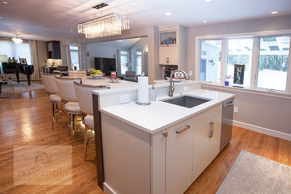T-shaped multi-level espresso island in the contemporary Hanover kitchen