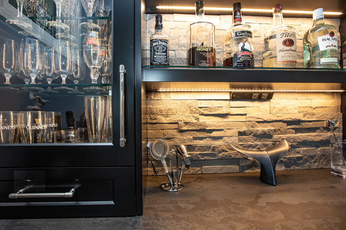 Textured tile backsplash in a Hingham home