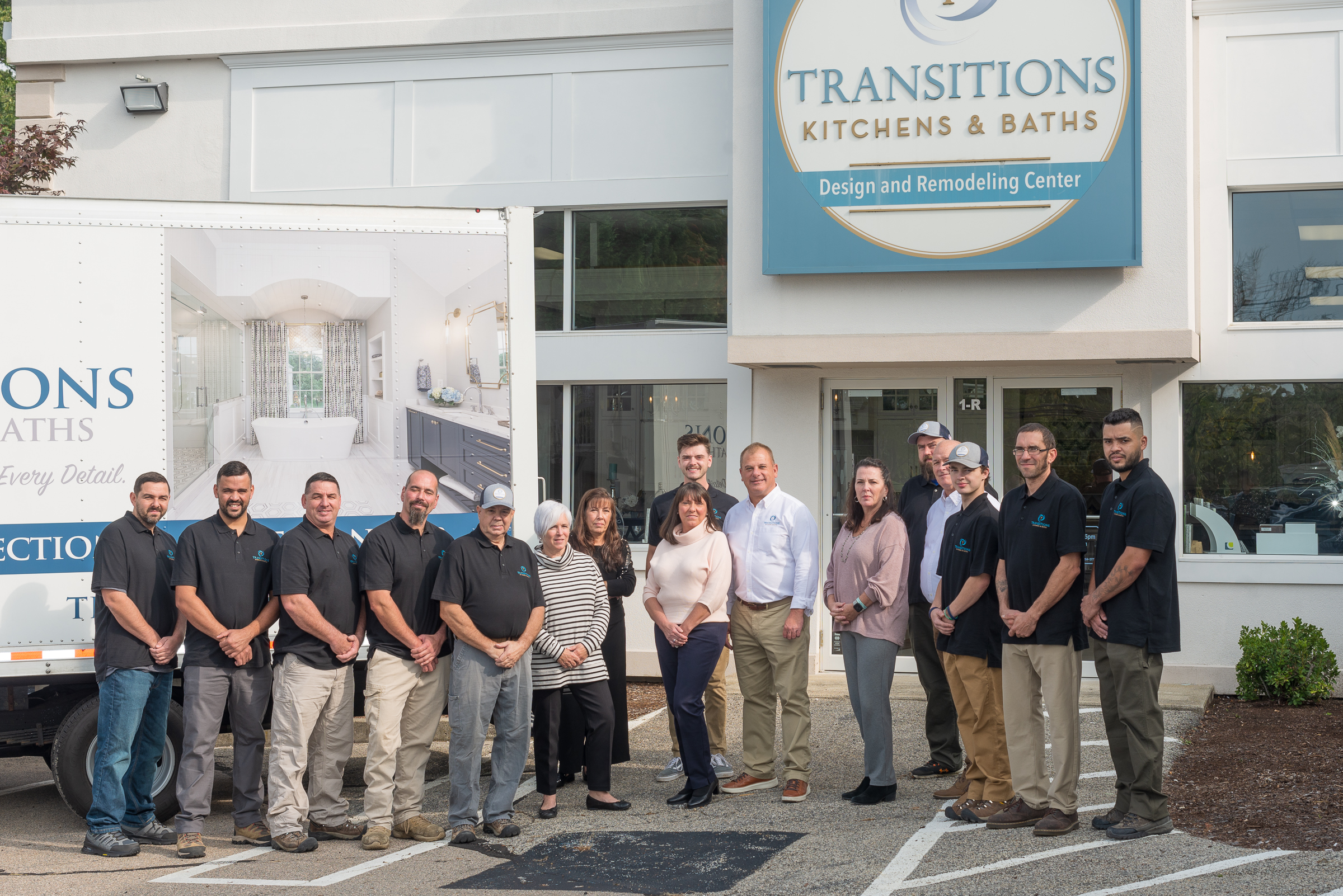 Transitions Kitchens, Baths and Remodeling Team Photo in front of Norwell, MA showroom.