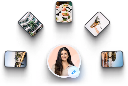 Portrait of a smiling woman surrounded by five floating rectangular images, including plants, a bouquet, dishes, and outdoor scenes.