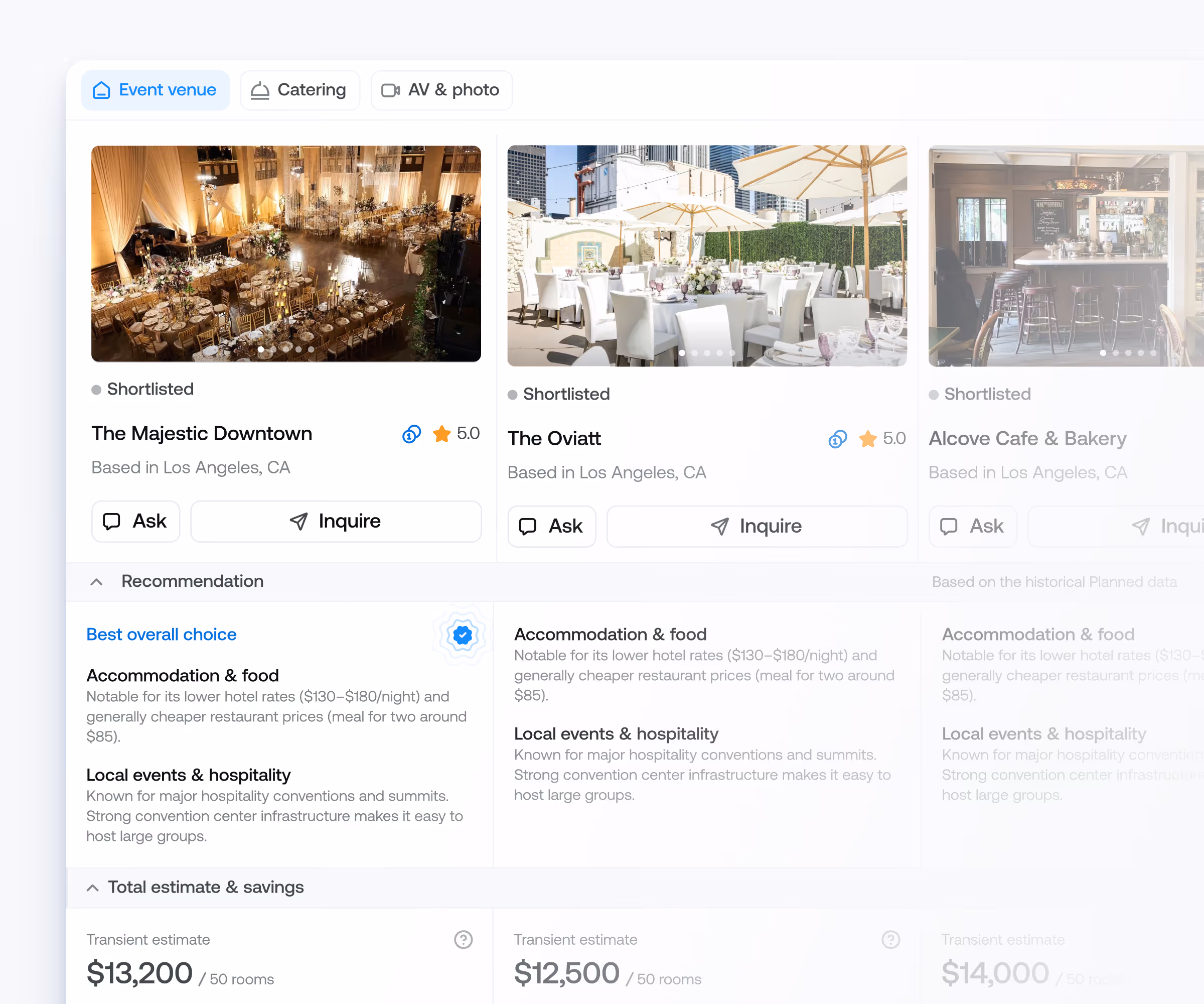 Comparison of three Los Angeles event venues showing images, ratings, pricing, and recommendations for The Majestic Downtown, The Oviatt, and Alcove Cafe & Bakery.