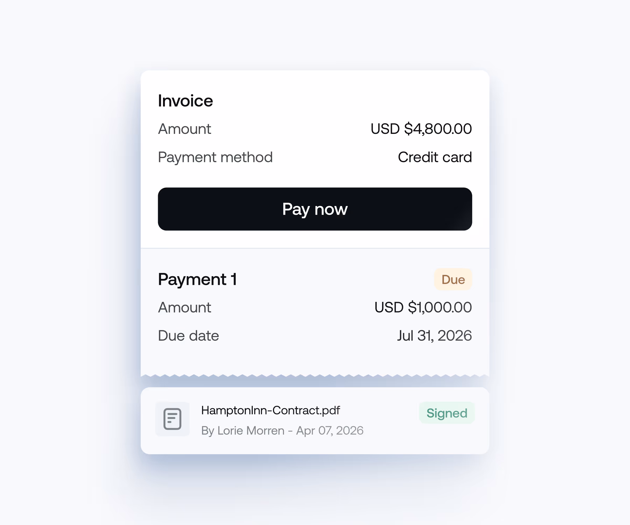 Invoice showing amount USD $4,800.00 paid by credit card with a Pay now button; Payment 1 due for USD $1,000.00 on Jul 31, 2026; signed HamptonInn-Contract.pdf by Lorie Morren dated Apr 07, 2026.