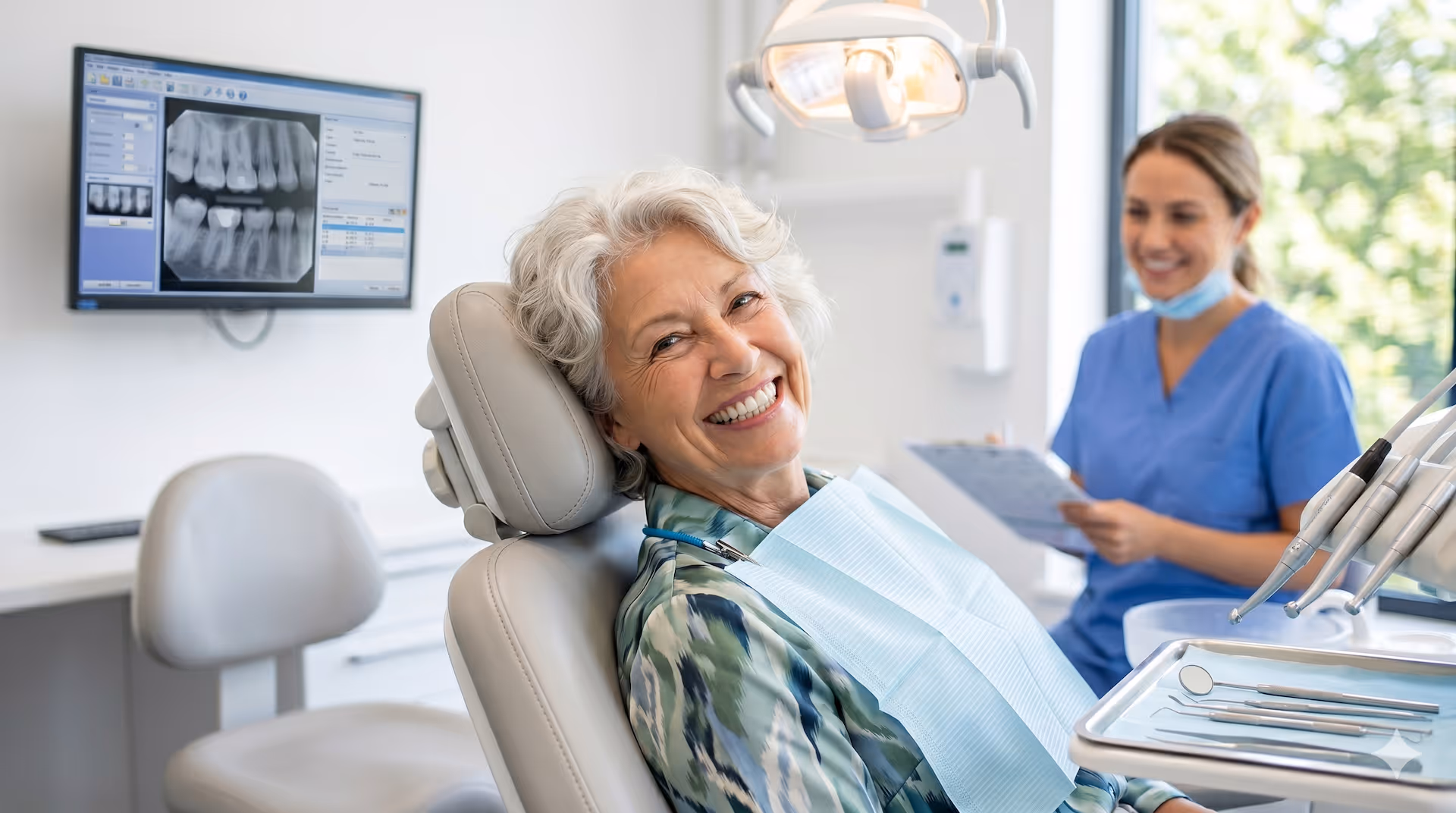 Older woman smiling in dental chair with dentist in blue scrubs in background reviewing charts.