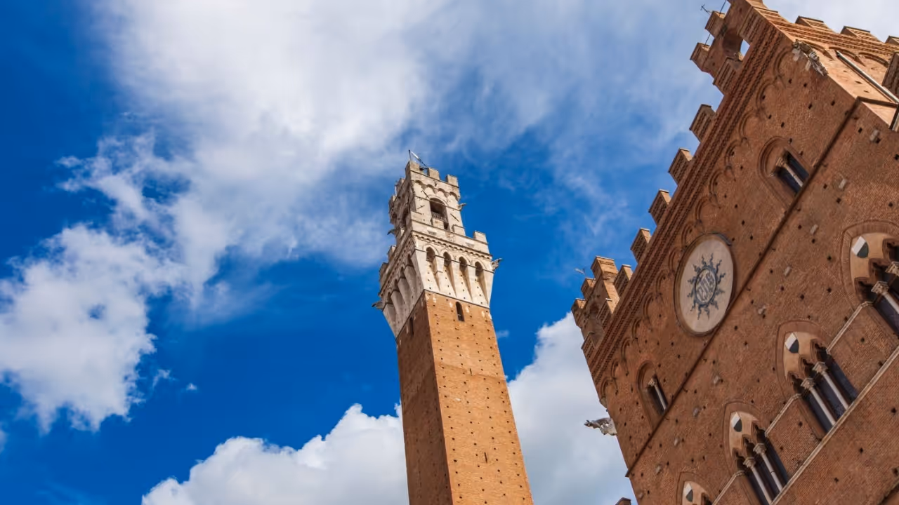 Piazza del Campo in Siena with the Torre del Mangia — a 4-minute walk from the shop.