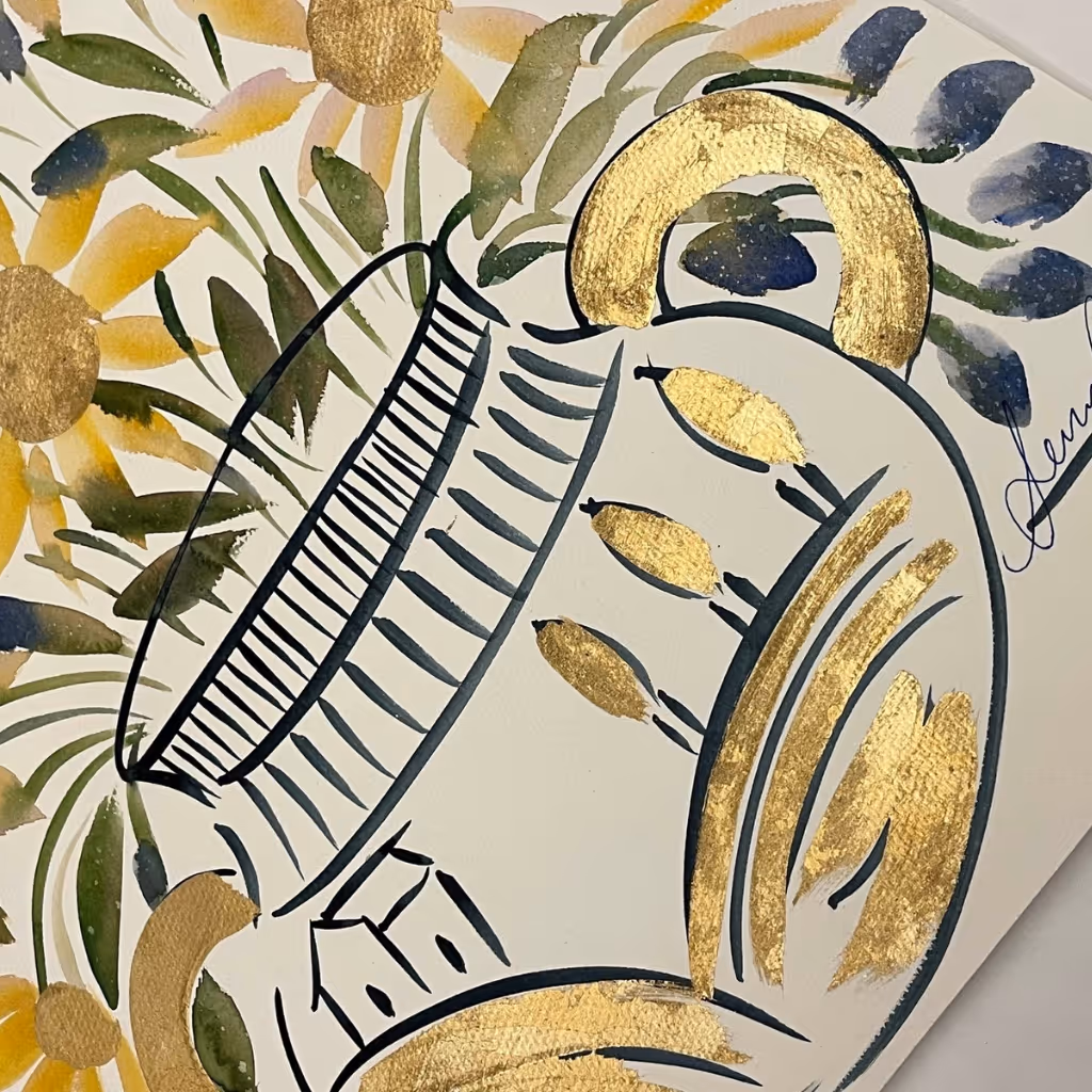 A floral painting by Serena Bifolchi displayed in the Montepulciano atelier.