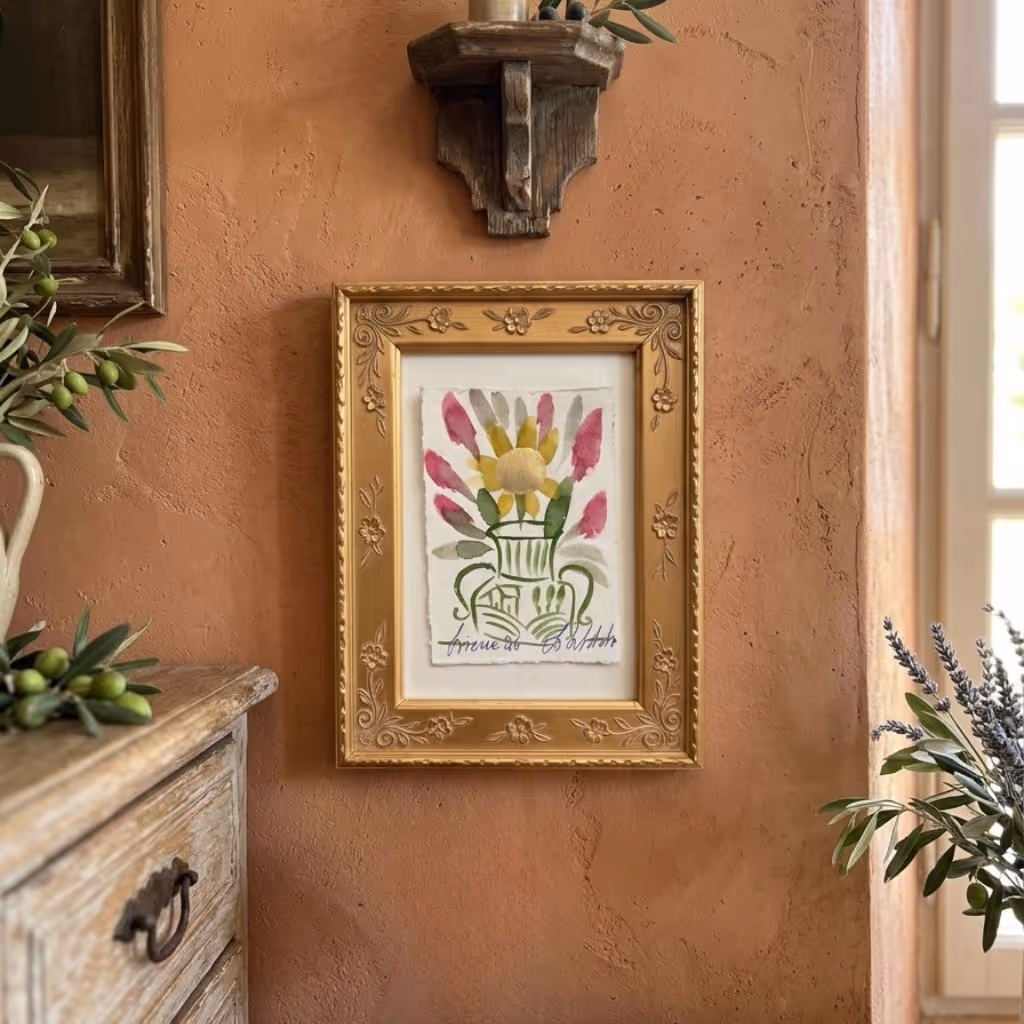 Piccolissimo framed floral painting in a gold frame, mounted on a Tuscan wall.