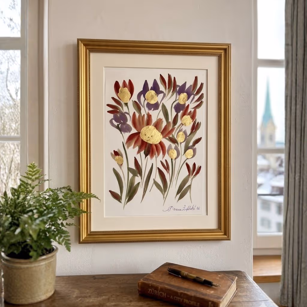Piccolo framed floral painting of sunflowers and tulips, in a warm-toned interior.