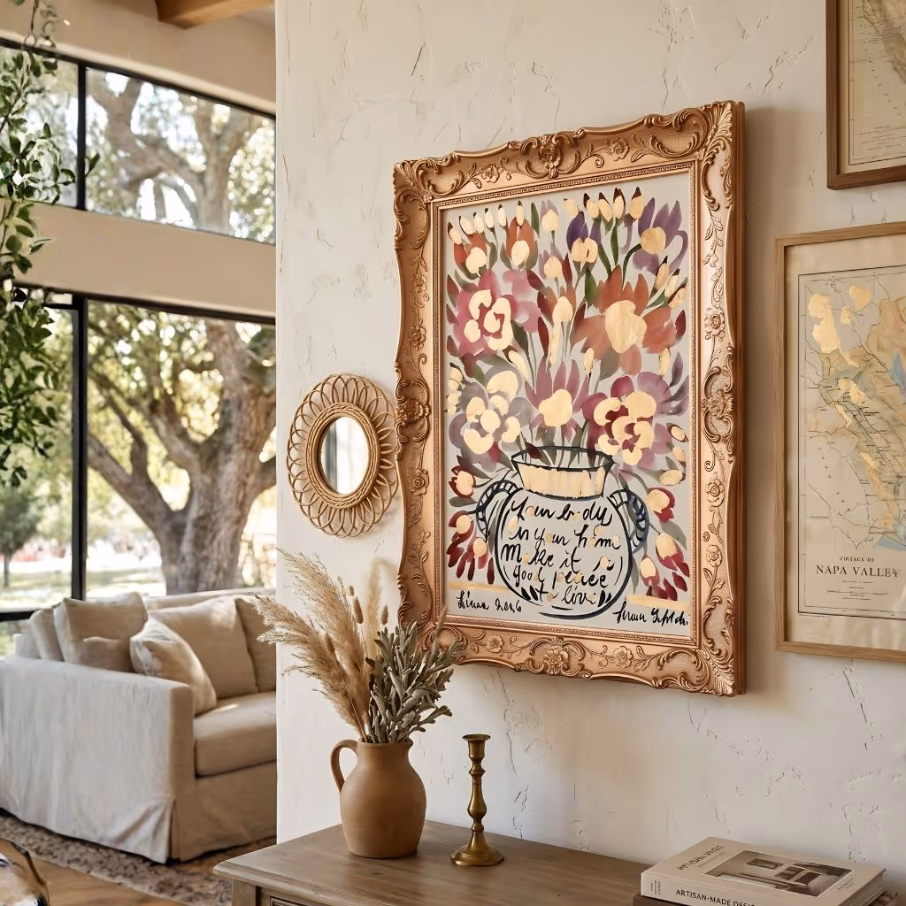 Medio framed floral painting of a bouquet in a blue vase, hanging in a sunlit room.