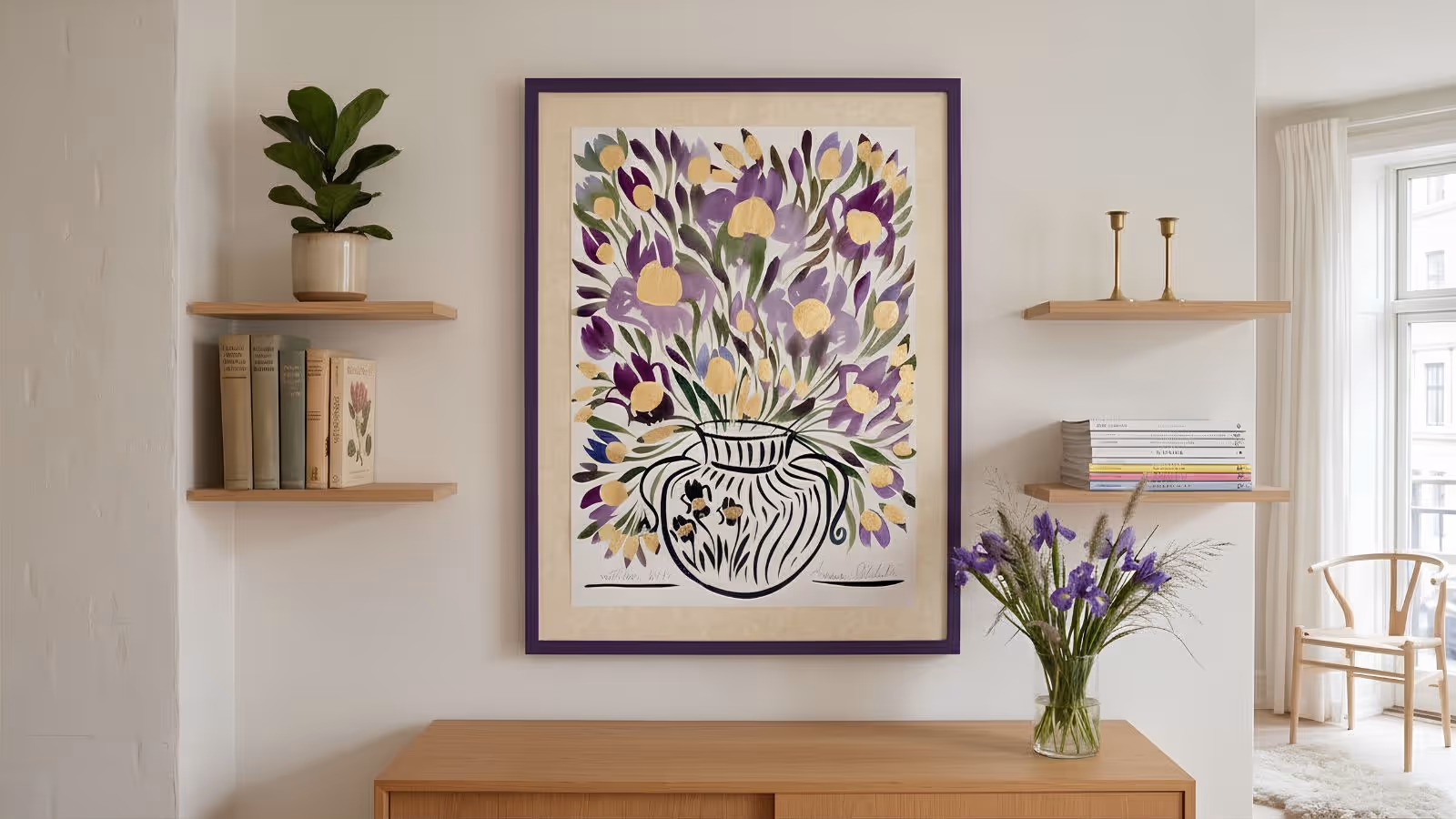 Grande Tuscan floral painting hung in a Scandinavian-style living room.