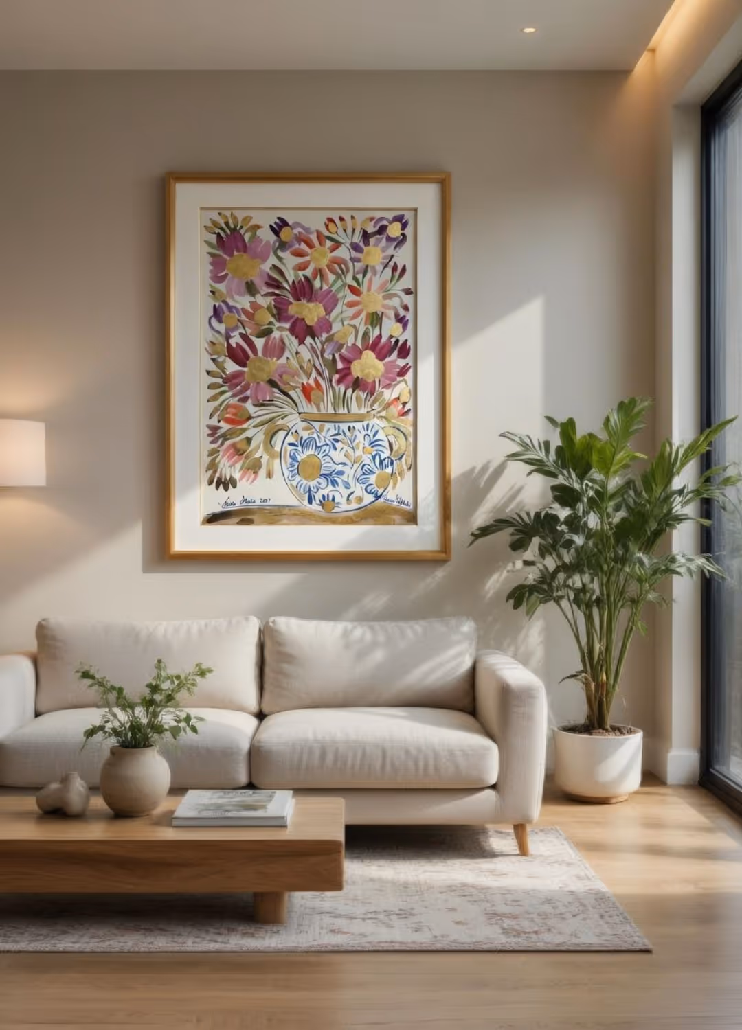 Maestoso framed floral painting of a bouquet in a blue vase, hung in a New York loft.