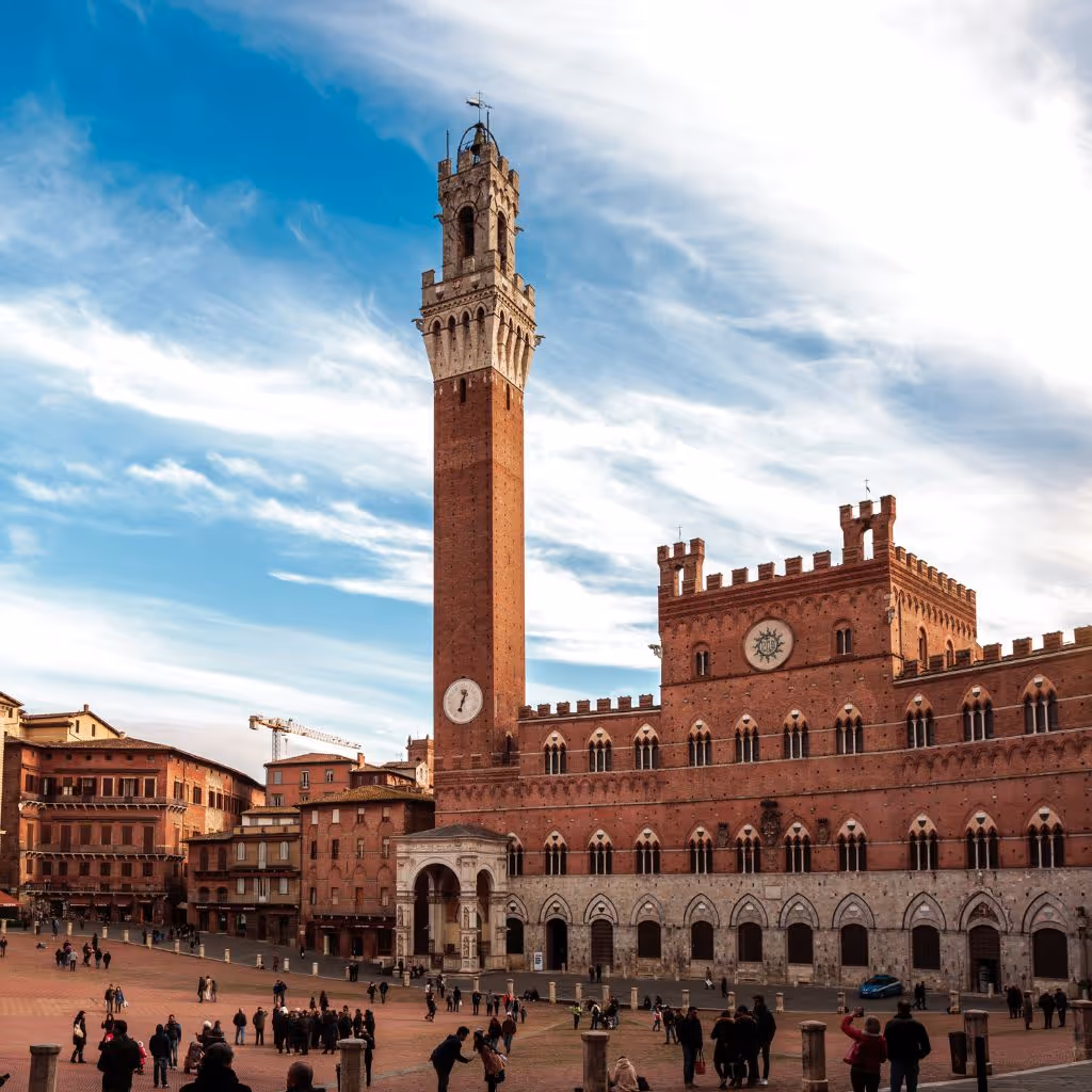 Piazza del Campo in Siena, with the Torre del Mangia rising above the Palazzo Pubblico.