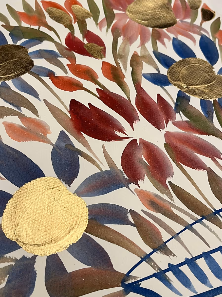 Close-up of a floral painting showing brushwork and gold leaf detail.