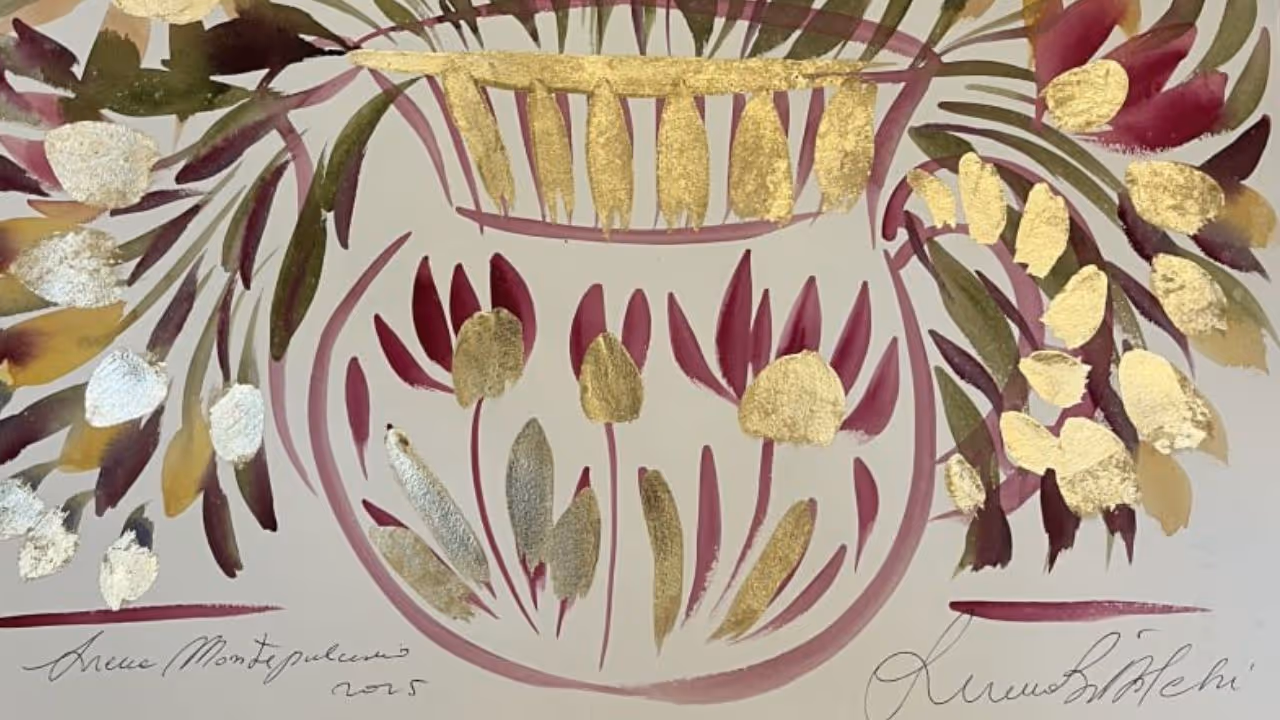 A vase symbolising good luck in a Sienese floral painting.