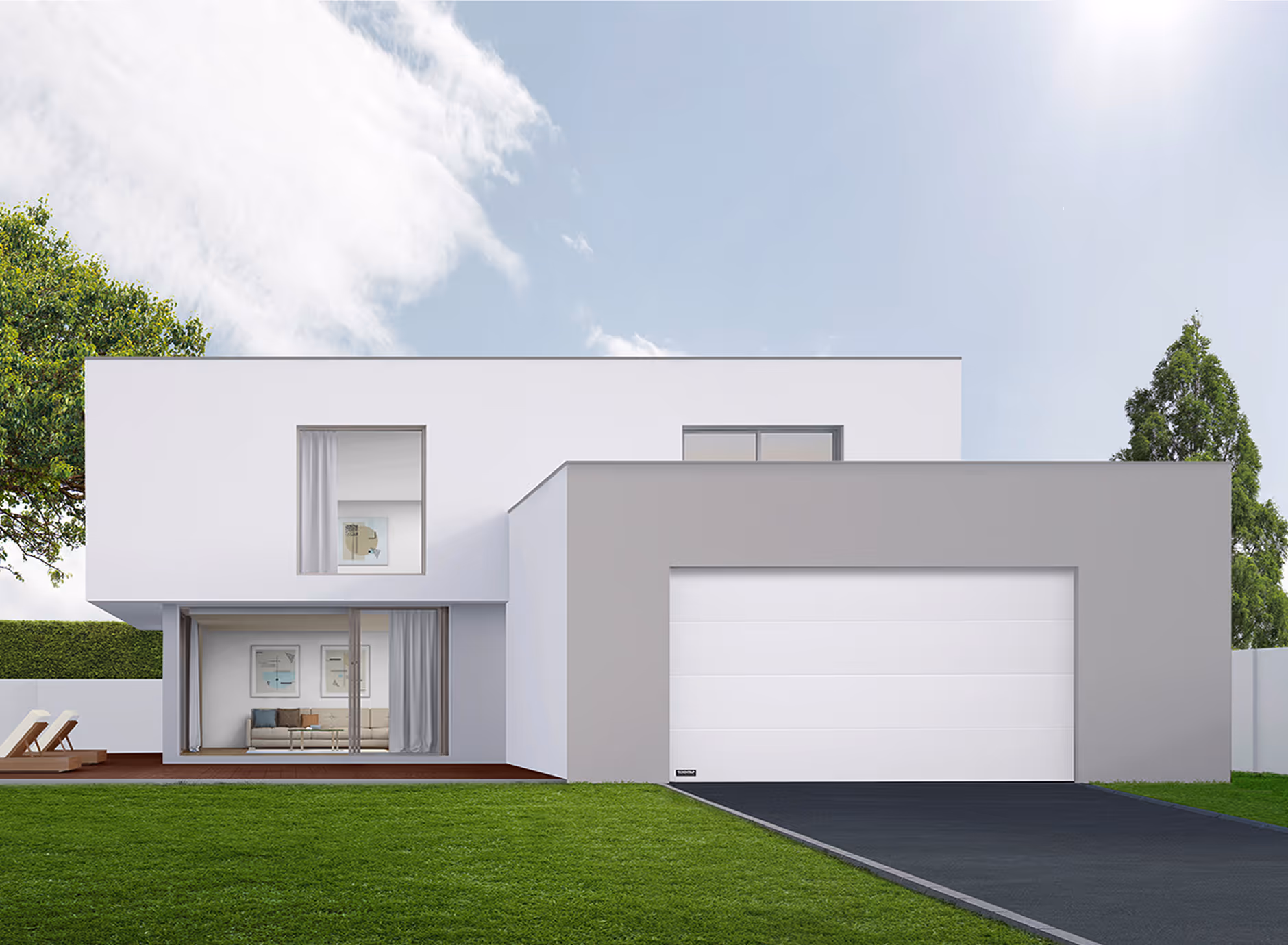 Modern zweistöckiges Haus mit weißer Fassade, großer Garage und gepflegtem grünen Rasen.