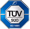 TÜV SÜD ISO 14001 Zertifizierungszeichen auf blauem sechseckigem Hintergrund.