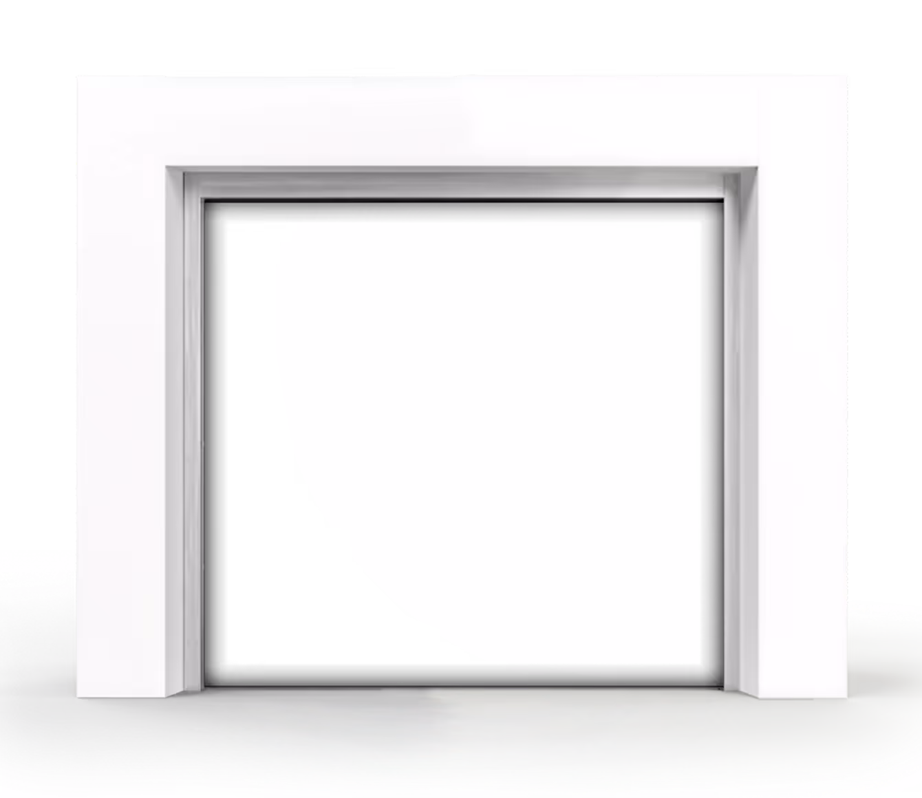 Moderner, weißer rechteckiger Türrahmen ohne Tür, umgeben von weißer Wand.