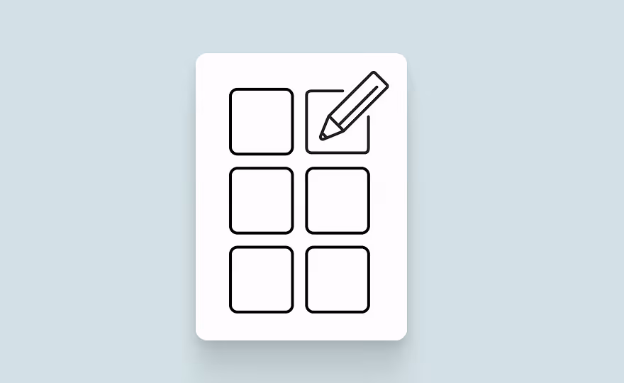 Sechs leere Kästchen in einem Raster mit einem Bleistift, der das obere rechte Kästchen markiert.