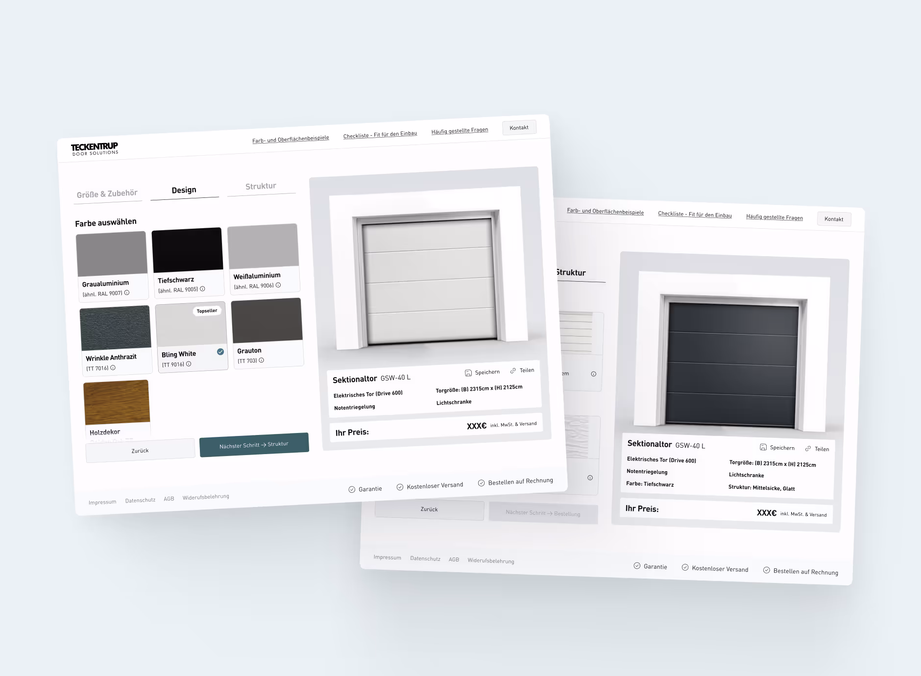 Zwei Bildschirme zeigen eine Online-Konfigurationsseite für Sektionaltore mit Auswahl von Farben und Oberflächenstrukturen.