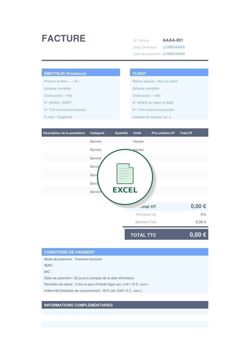 Modèle de facture freelance Excel 1
