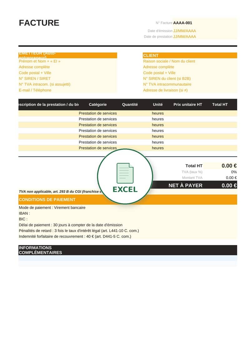 Modèle de facture auto-entrepreneur Excel 3