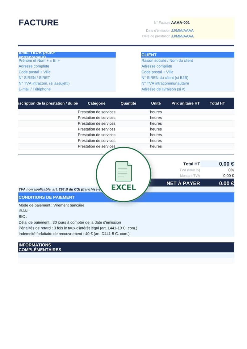 Modèle de facture auto-entrepreneur Excel 1