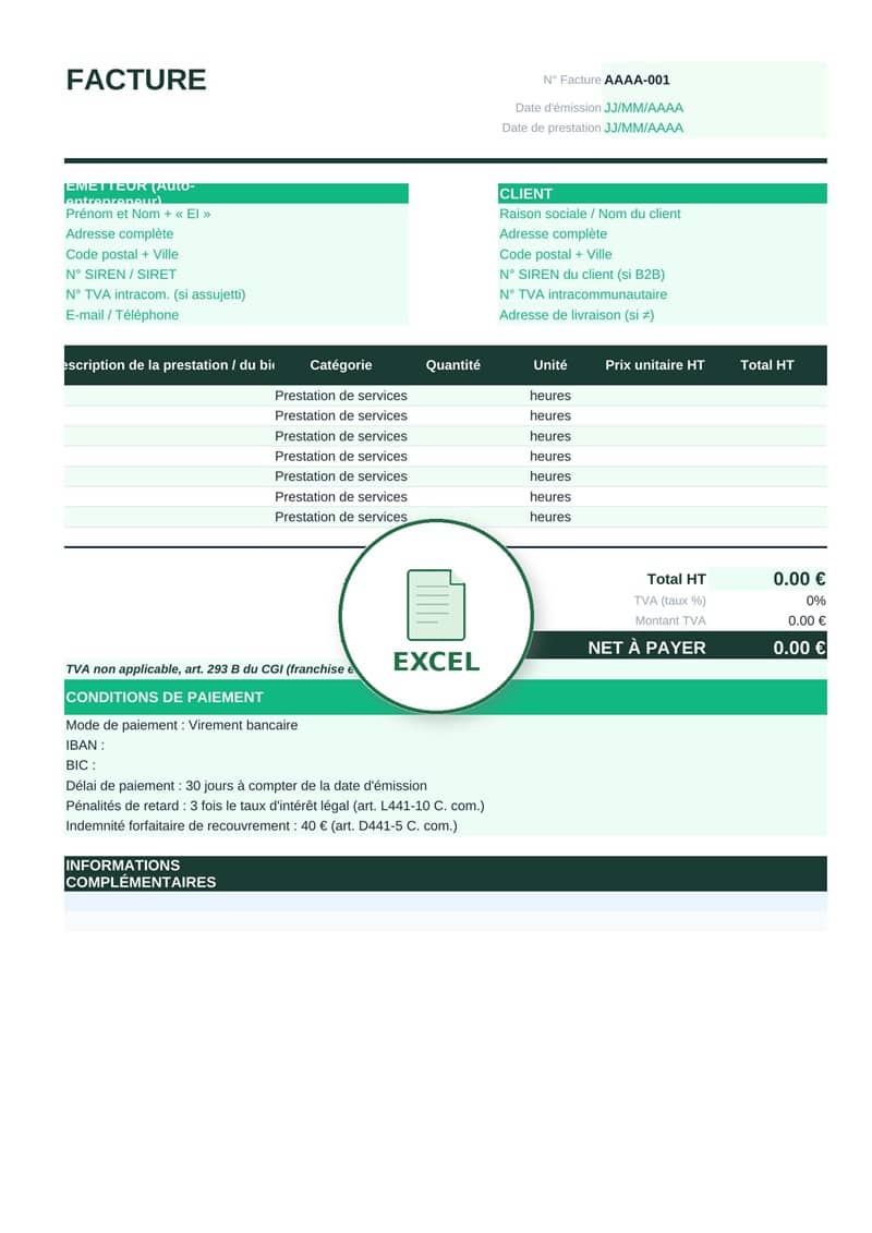 Modèle de facture auto-entrepreneur Excel 2