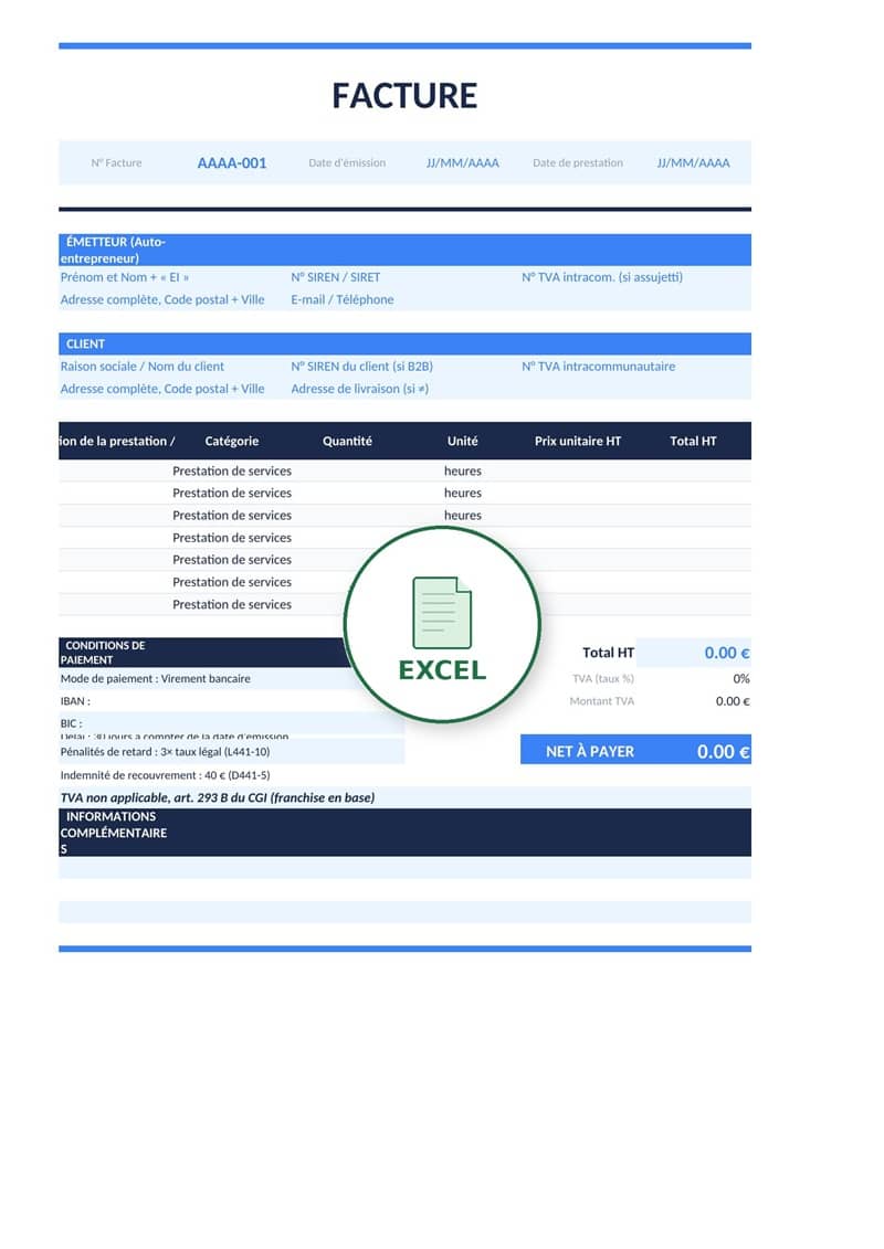 Modèle de facture auto-entrepreneur Excel 4