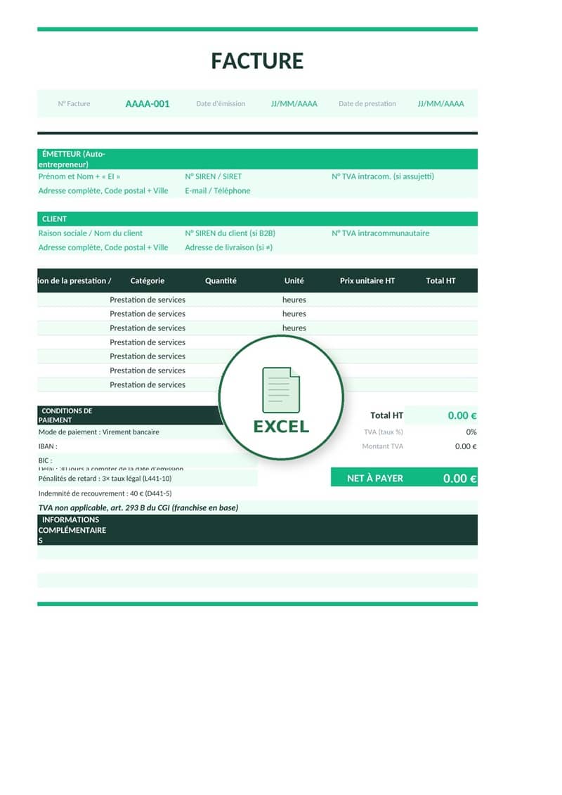 Modèle de facture auto-entrepreneur Excel 5