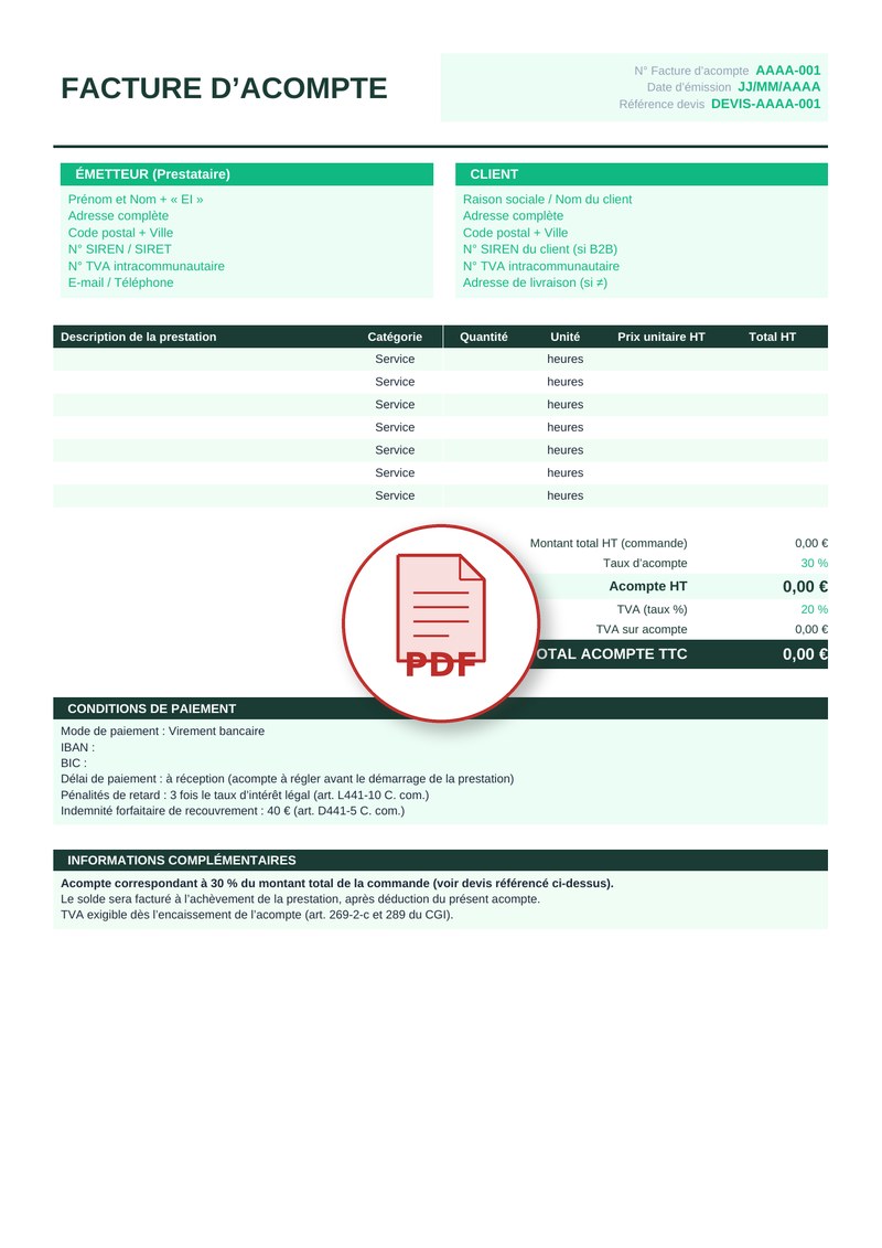 Modèle de facture d'acompte PDF 2