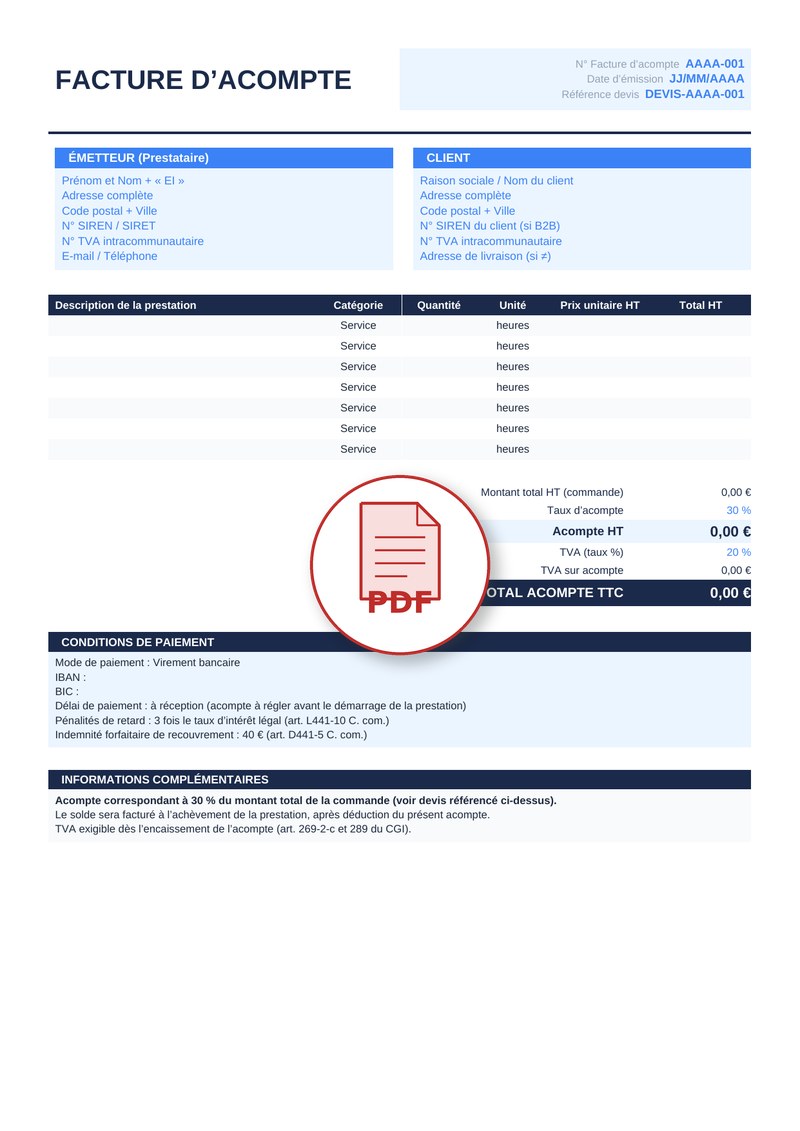 Modèle de facture d'acompte PDF 1